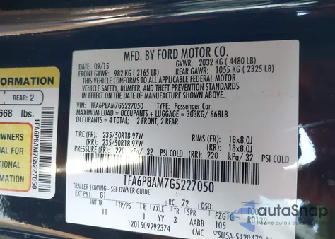 2016 Ford Mustang V6 z USA, uszkodzony, nr VIN 1FA6P8AM7G5227050